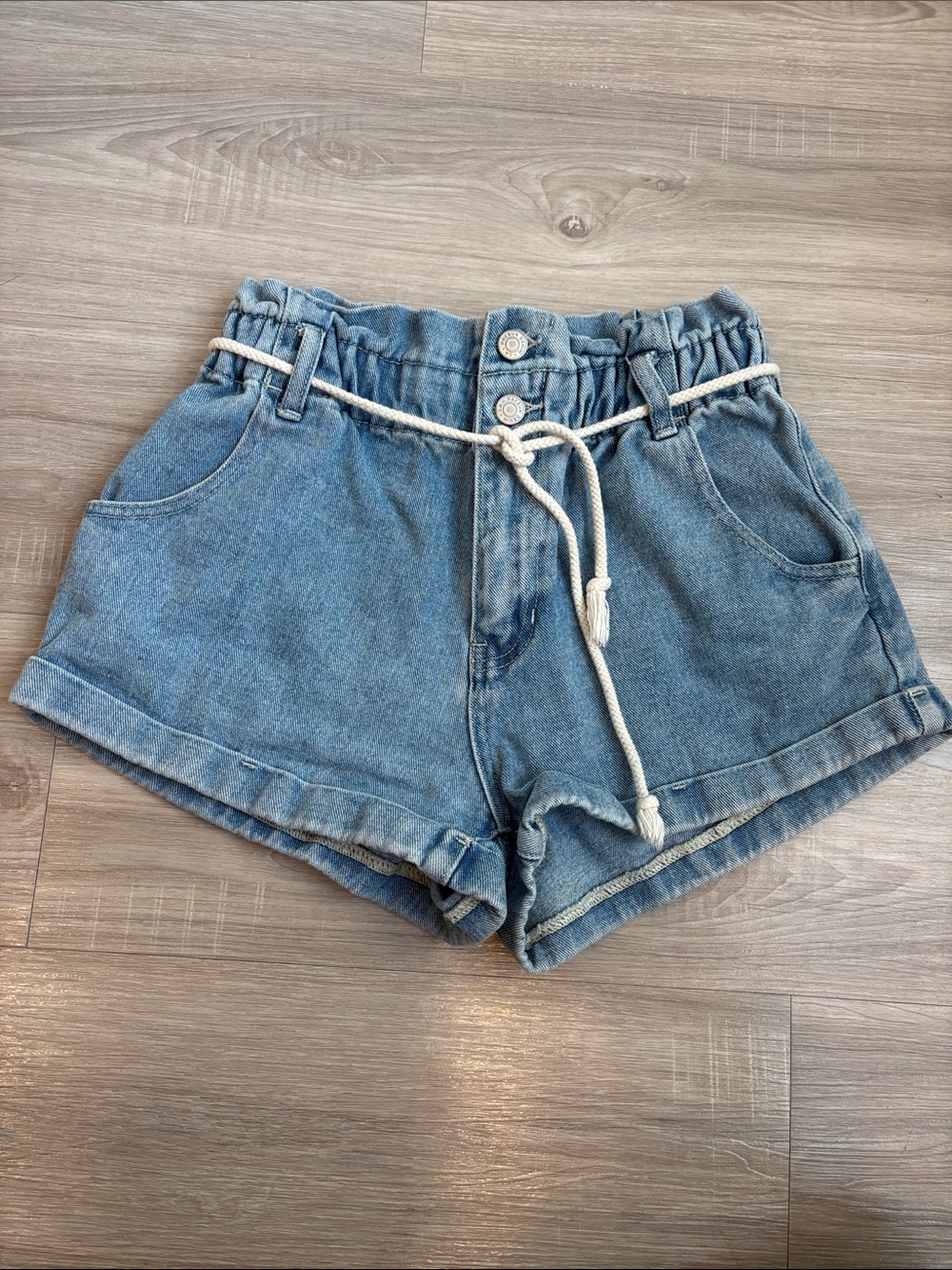 PacSun Light Blue High-Rise Paperbag Denim Shorts with Rope Belt